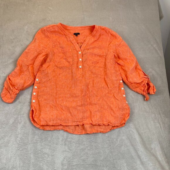 Talbots Woman's Top LP Petite Orange 100% Linen Long Sleeve Button Detail - Picture 8 of 9